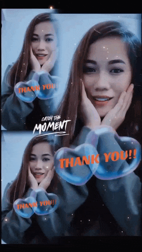 a woman with her hands on her face is surrounded by soap bubbles that say thank you