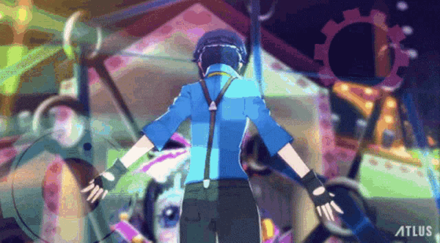 a man in a blue shirt and suspenders stands in front of a colorful background that says atlus on it