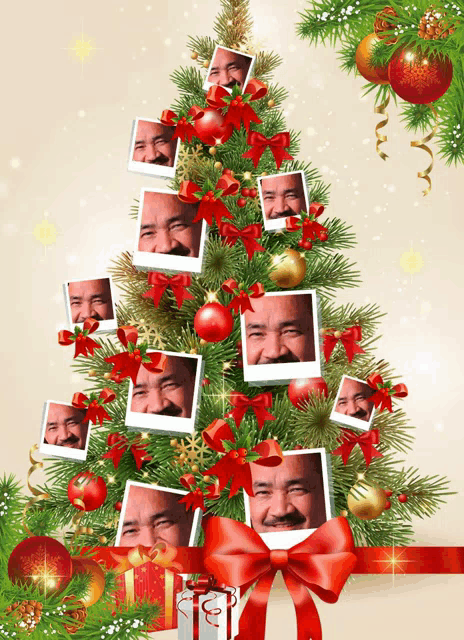 a christmas tree decorated with pictures of a man 's face