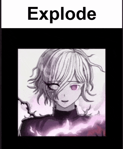 a picture of a girl with purple eyes and the words explode above it