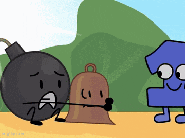 a cartoon of a bomb holding a bell next to a blue object