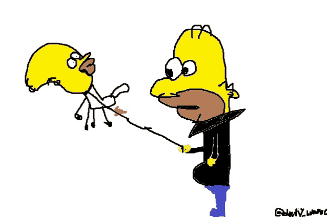 a cartoon drawing of homer simpson holding a rabbit on a leash