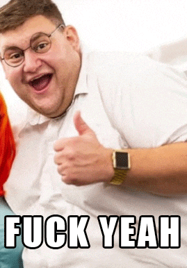 a man with glasses is giving a thumbs up with the words fuck yeah written below him