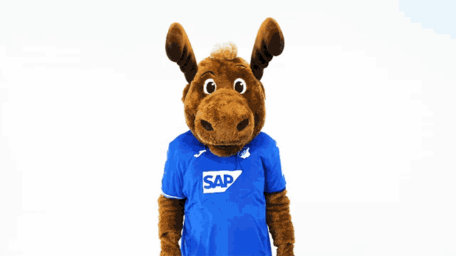 a moose mascot is wearing a blue shirt with the word sap on it