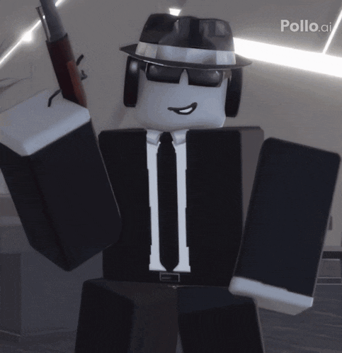 a roblox character with a hat and sunglasses is being held by a person