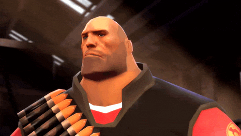 a bald man in a red shirt and black vest is holding a bunch of bullets on his shoulder