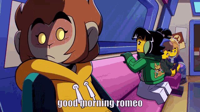 a cartoon character says good morning romeo in front of a group of people