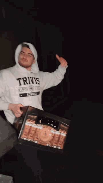 a blurry picture of a man wearing a white hoodie that says trits