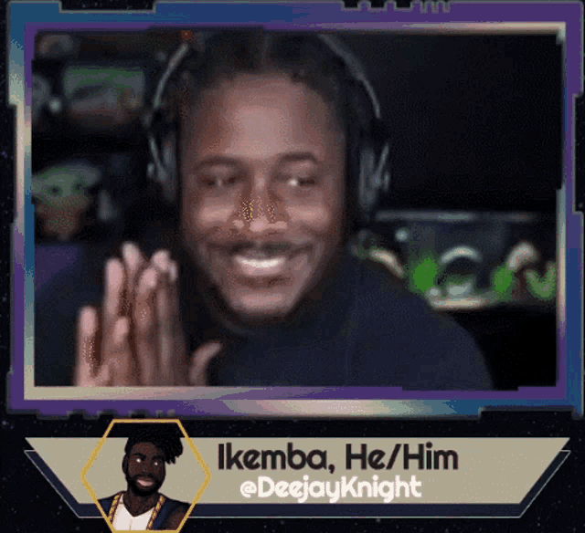 a picture of a man wearing headphones with the name ikemba he him