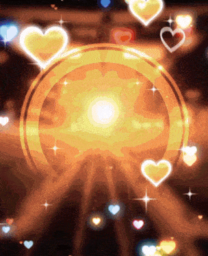 a circle with hearts surrounding it and a light shining through it