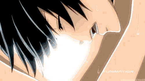 a close up of a person 's face with funimation written on the bottom right