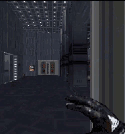 a pixelated image of a person holding a gun with the letter h on the wall