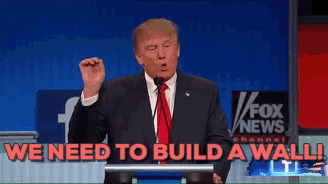 donald trump is giving a speech with the words we need to build a wall