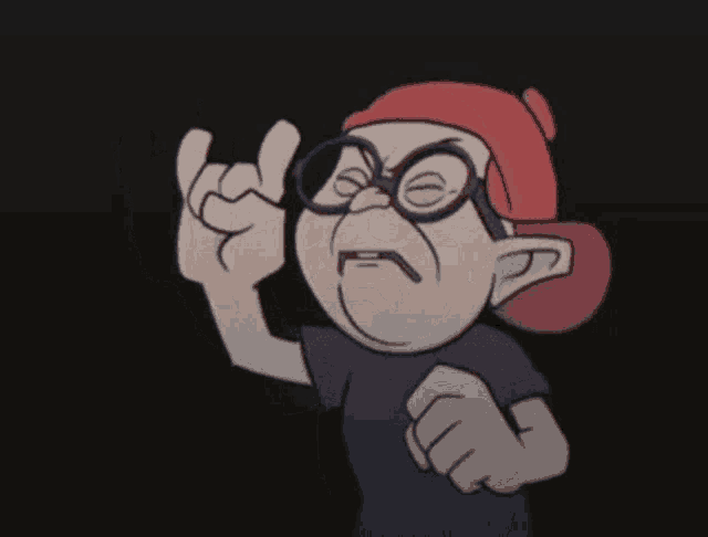 a cartoon character with glasses and a red hat is making a devil horns sign