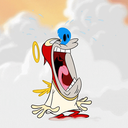 a cartoon character with a blue face and a halo on his head is screaming