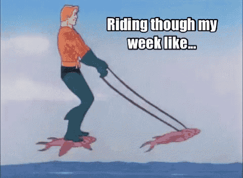aquaman is riding a pink fish on a leash in the ocean .