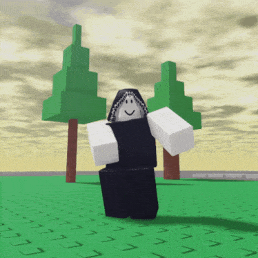 a cartoon character in a black hoodie is standing in front of two trees