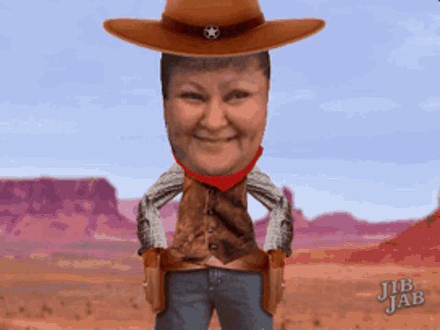 a cartoon of a woman dressed as a cowboy with jib jab in the corner