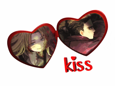 a couple of hearts with the word kiss in red