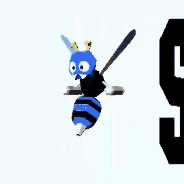 a blue and black bee with a crown on its head is standing in front of the word stray