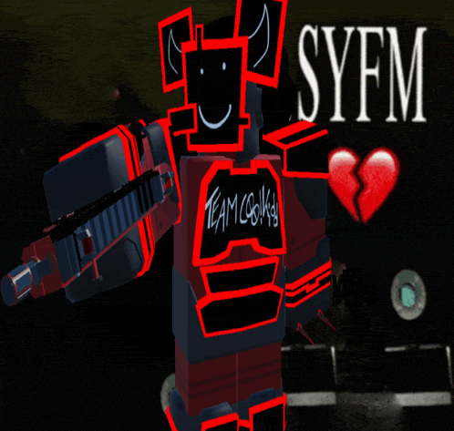 a robot with a broken heart and the word syfm in the background
