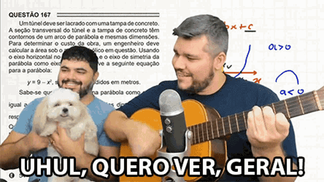 a man holding a dog next to a man playing a guitar with the words " uhul querover geral "