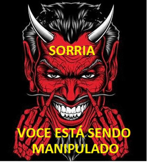 a devil with horns and a mustache is smiling on a black background with a quote .