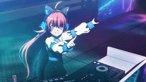 a girl in a cat ear headphones is playing a dj set