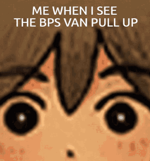 a close up of a person 's face with the words me when i see the bps van pull up above it
