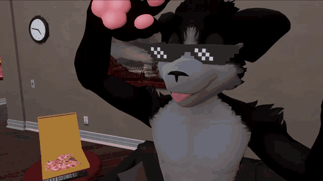 a furry character wearing sunglasses stands in front of a pizza box