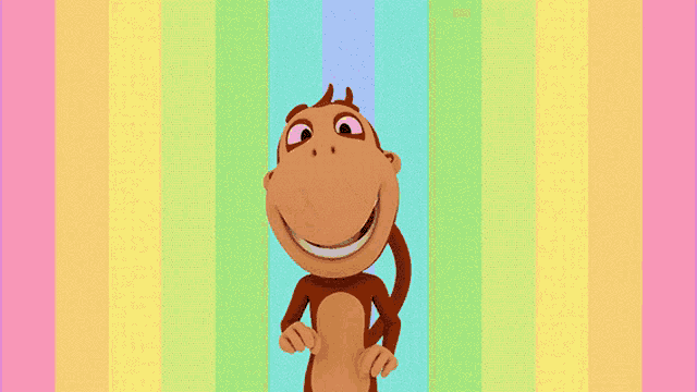 a cartoon monkey is jumping in the air on a colorful background