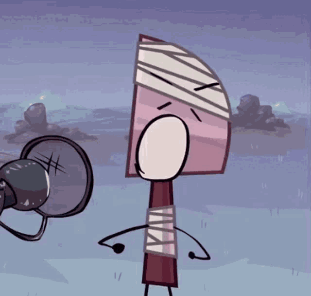 a cartoon character with a bandaged head is standing next to a megaphone