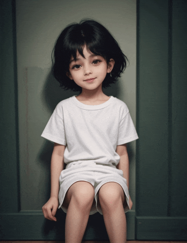 a little girl wearing a white shirt and shorts