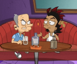 two cartoon characters sitting at a table with a bottle of liquor