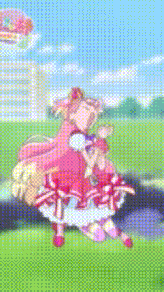 a girl in a pink dress is jumping in the air while holding a balloon