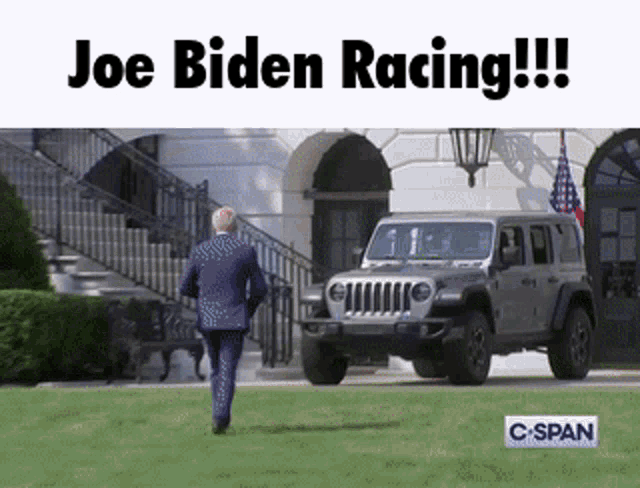 joe biden is running towards a jeep that is parked in front of the white house