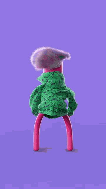 a cartoon character is wearing a green sweater and a furry hat
