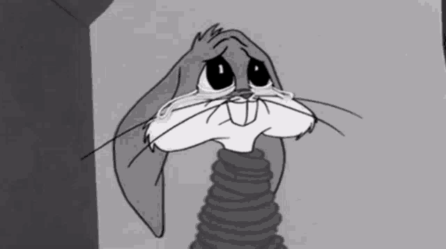 a black and white drawing of bugs bunny with a sad look on his face