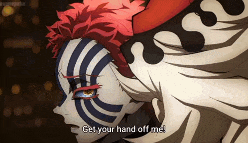 a cartoon character with red hair and striped face says get your hand off me