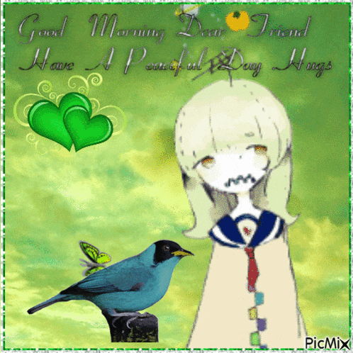 a picture of a girl with a bird and hearts says good morning dear friend we are a beautiful day hugs