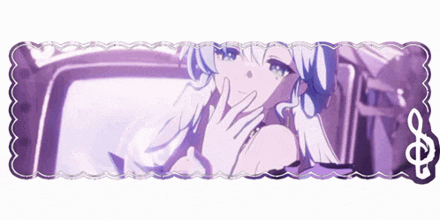 a purple and white anime girl is sitting in a car .