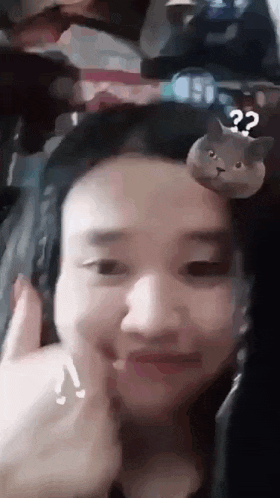 a woman with a cat on her head and a question mark on her face .
