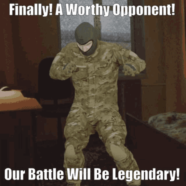 a man in a military uniform is dancing with the caption " finally ! a worthy opponent "