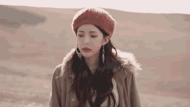 a woman wearing a beret and a fur coat is standing in a field