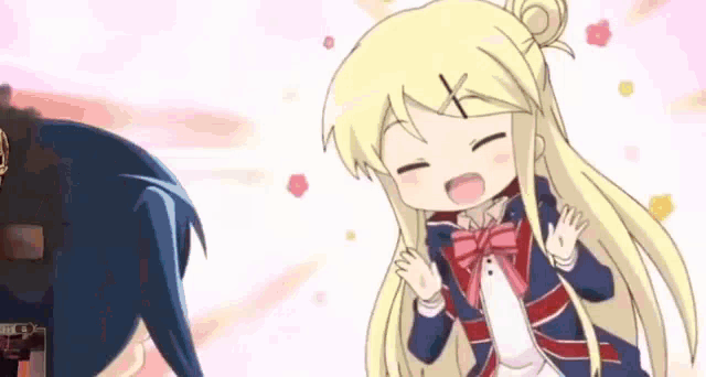 a cartoon girl with long blonde hair is standing next to a boy with blue hair .