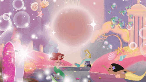 a cartoon of three mermaids in a pink and purple scene