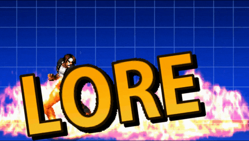 a video game character is named lore and is surrounded by flames