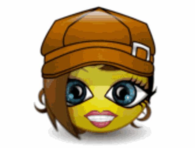 a cartoon smiley face wearing a brown hat and pink lips