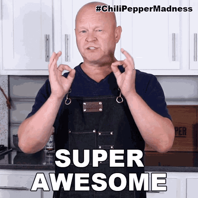 a man wearing an apron says super awesome in a kitchen