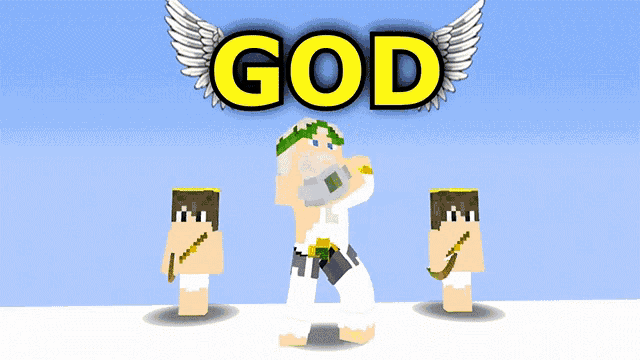 a cartoon drawing of a man with wings and the word god above him
